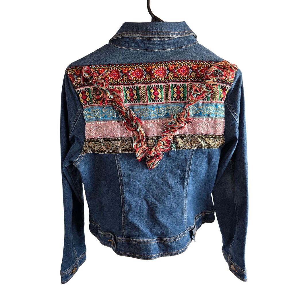Cato EST 1946 Denim Embroidered Fringe Boho Jean Jacket Trucker Blue M